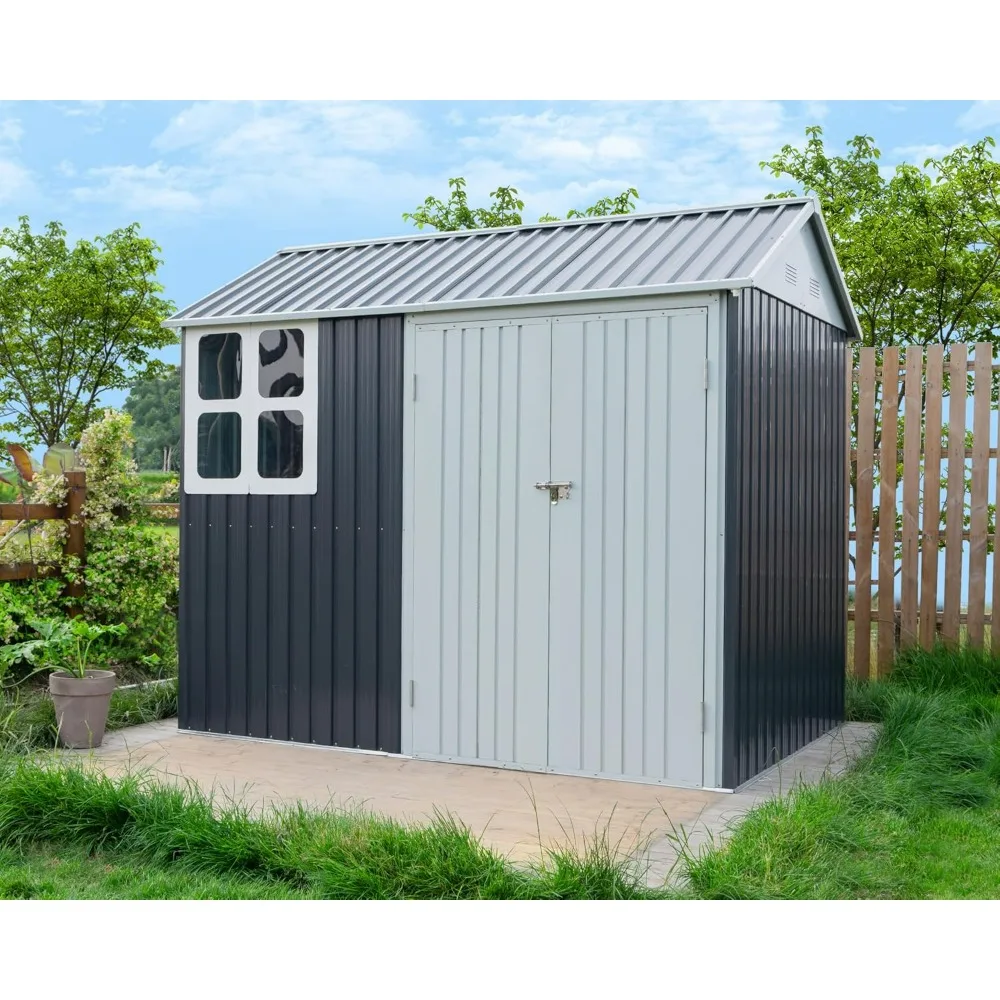 8x6x7.5 FT Shed 4-pane Window Nordic Cottage Storage Shed Outdoor Metal Garden House Double Hinged Lockable Door Storage Sheds