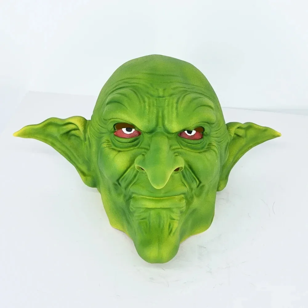 Máscara de Goblin verde para Cosplay, disfraz de látex para fiesta de Halloween, divertido Horro aterrador, máscaras de cabeza completa para adultos, mascarada con orejas de elfo