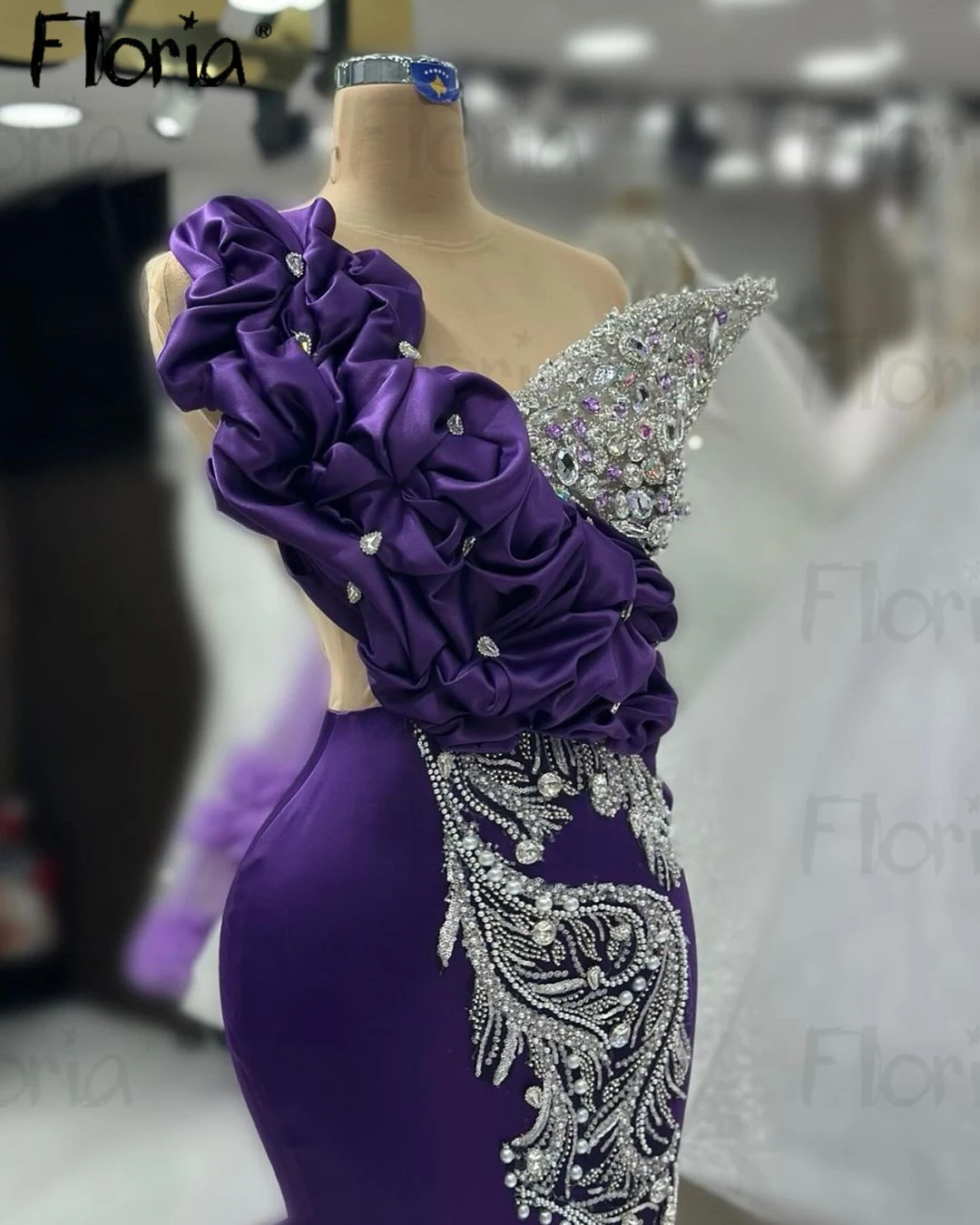 Haute Couture Purple Formal Evening Dress 3D Flowers Silver Crystals Dubai Women Wedding Guest Prom Gonws Cocktail Party Dresses