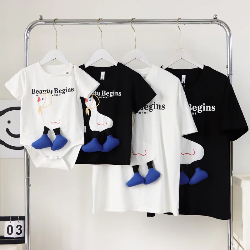 

2025 New Family Matching Outfits Cartoon Duck Shirts Cotton Dad Mom Girls Boys Kids T Shirt Tops Baby Rompers Matching Clothes