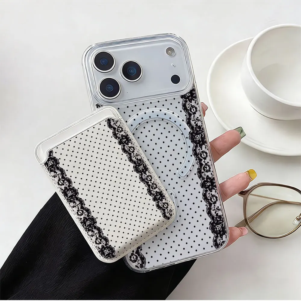 

Fashion Lace Pattern For Magsafe wallet Magnetic Card holder Phone Case For iPhone 16 13 11 15 12 14 17 Pro Max 16E 15Plus Cover