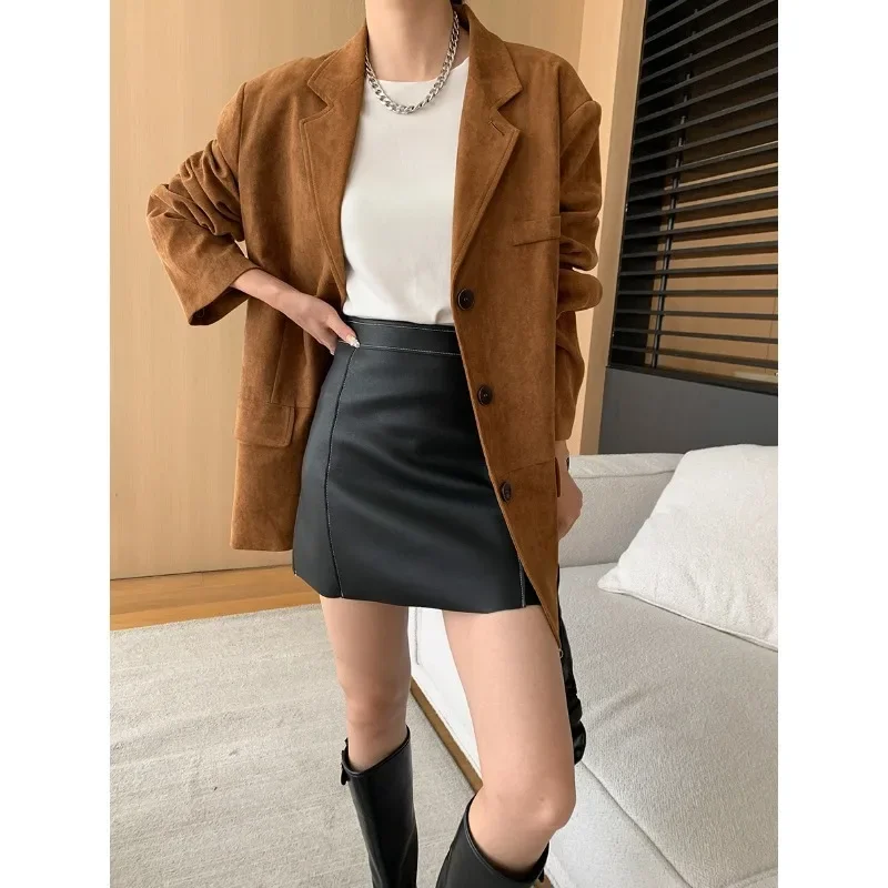 Vintage Suede Loose Casual Suit Coat Women Autumn Long Sleeve Khaki Simple Chic French Office Lady Elegant Jacket Coat