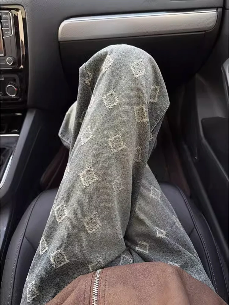 

Модные мужские джинсы с вышивкой, прямые брюки с микро-расклешенными брюками, длинные брюки с низкой талией, одежда из смеси хлопка и полиэстера...