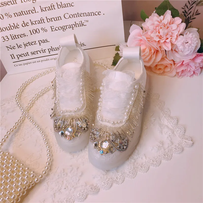 Women Sneakers New Transparent Lace Strap Crystal Rhinestone Pearls Tassel Platform Thick soled Ladies Causal Beautiful Shoes