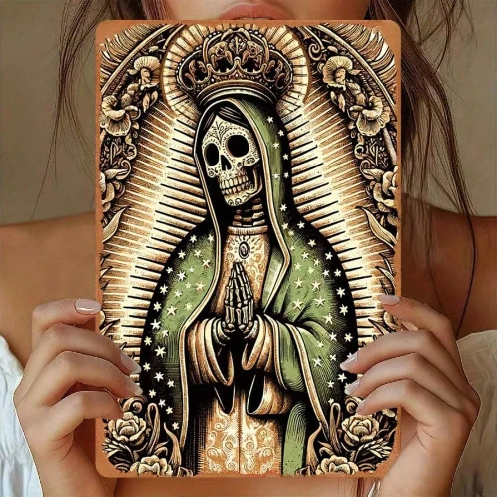 Santa Muerte Our Lady of the Holy Death Vintage Metal Tin Sign, Retro Mexican Folk Art Style Ornate Floral Day of the Dead Wall
