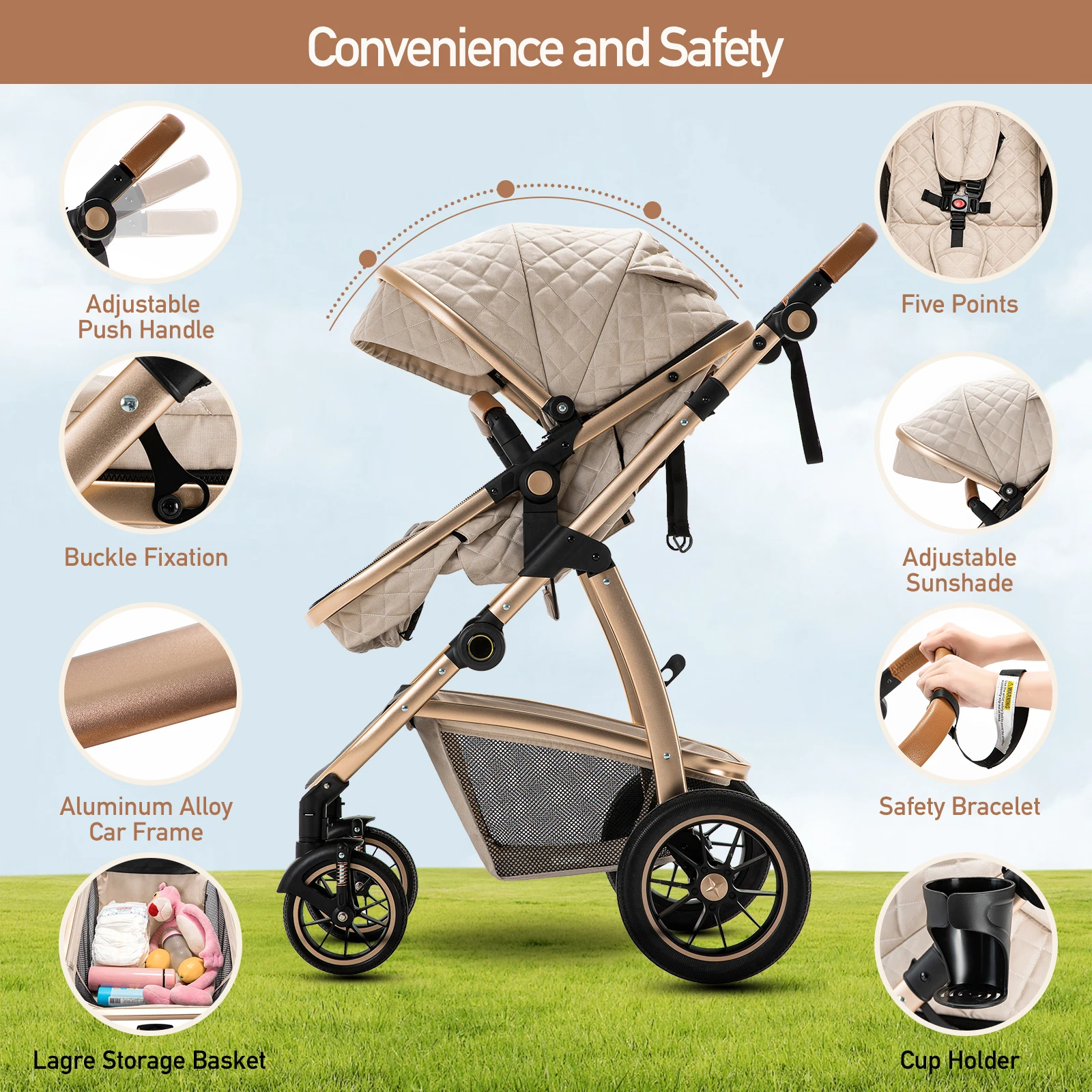 Luxurious Baby Stroller 3 in 1 Portable Travel Baby Carriage Folding Prams High Landscape Aluminum Frame Car for Newborn Baby