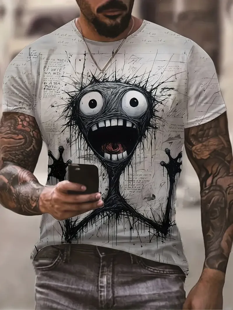 Men\'s Novel And Chic 3D Digital Smiling Monster Style Pattern T-shirt Summer Fashion Leisure Crew Neck Short Sleeve Loose Tops