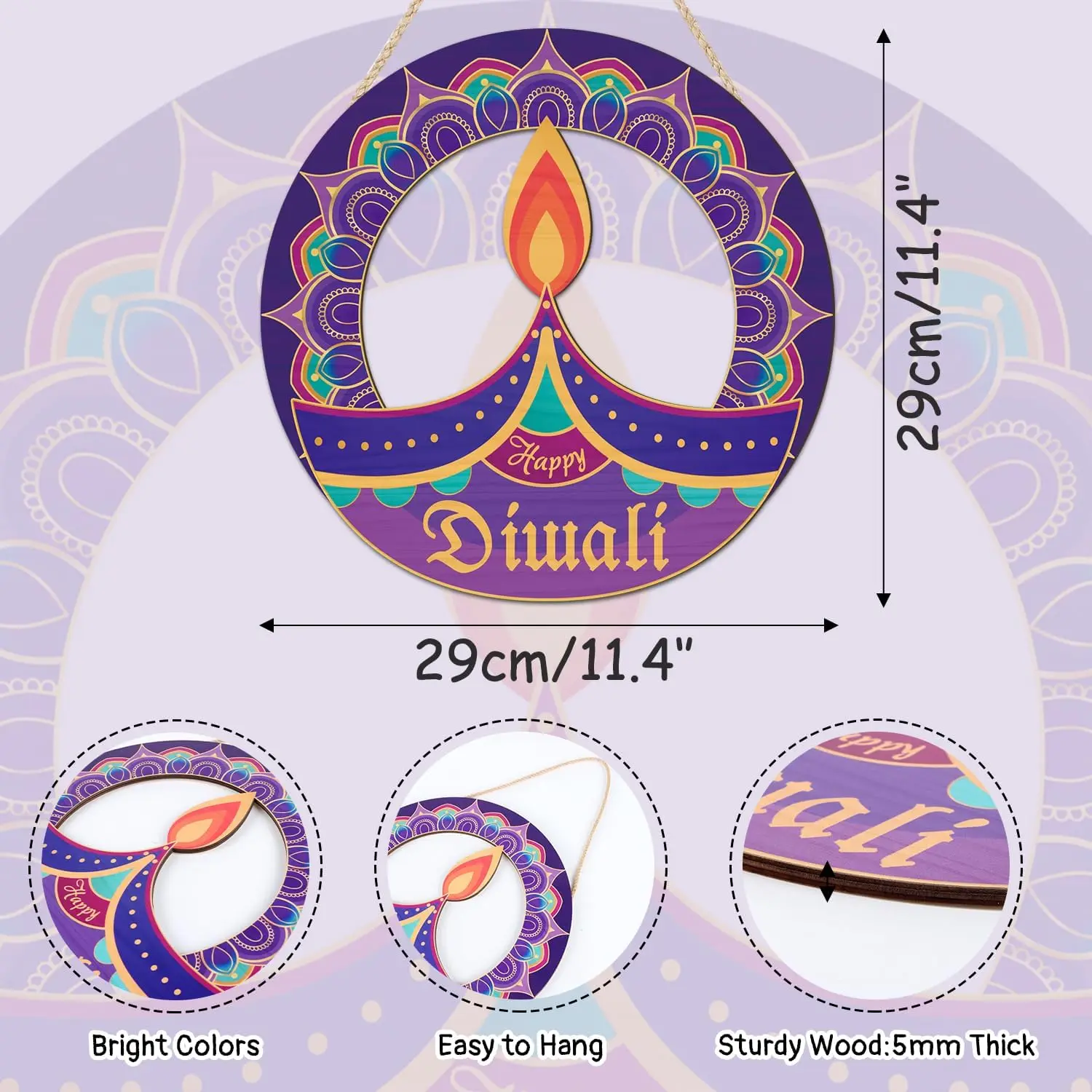 Happy Diwali Front Door Sign Hanging Mandala Indian Festival Party Wood Wall Hanger, Diwali Festival of Lights