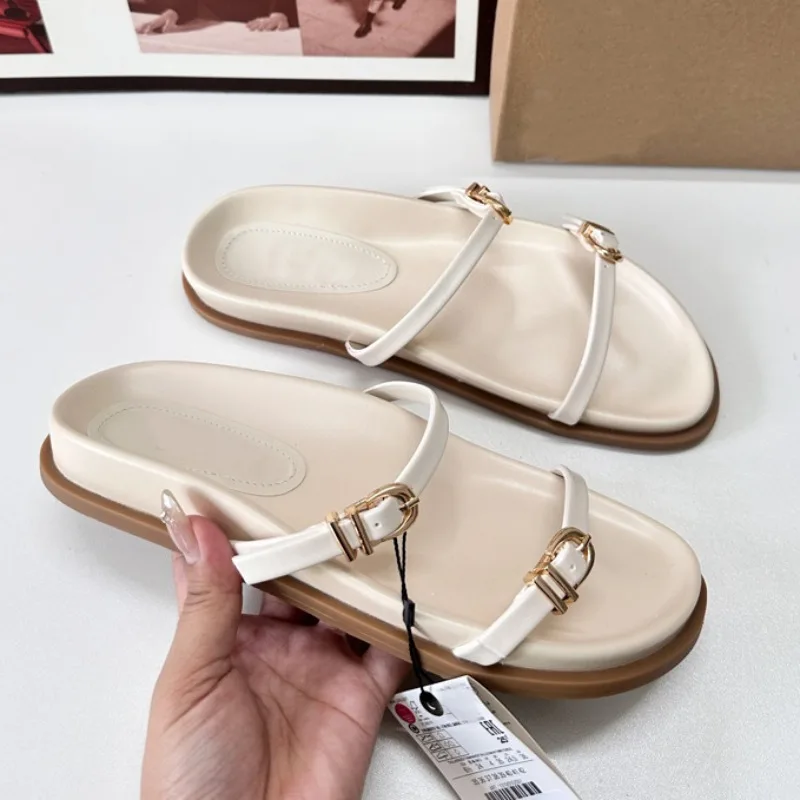 2024 Summer Outdoor Flat Women Slippers Comfortable Soft Sole Ladies Beach Shoes Chic Metal Buckle Belt Solid Female Slides