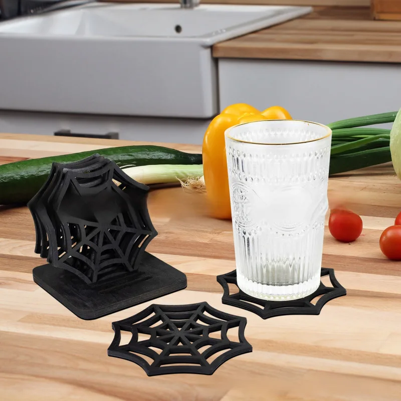 Wooden spider web coasters creative hollow desktop ornaments Halloween party table decoration