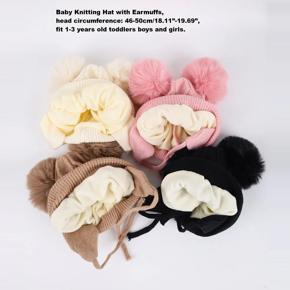 Neue Herbst Winter Doppel Ball Gestrickte Baby Hut für Mädchen Jungen Baby Straps Motorhaube mit Ohrenschützer Outdoor Kinder Ohr Schutz Hut