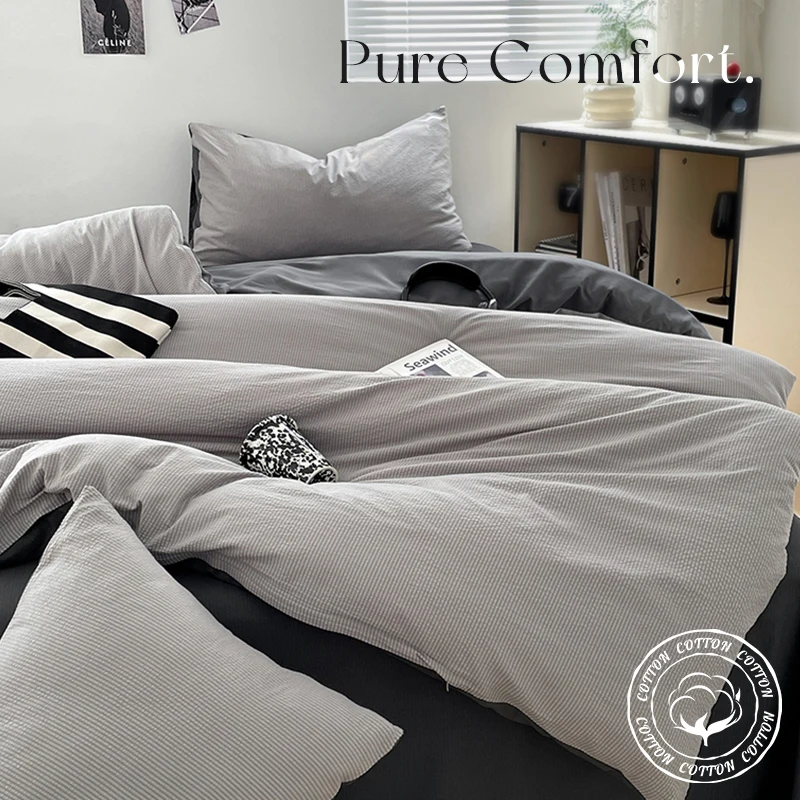 Solid Dual-Tone Ultra-Soft Bubble Cotton Bedding Set - 3-Piece With Duvet & Pillowcases, Simple Style, Washable, Non-Fading