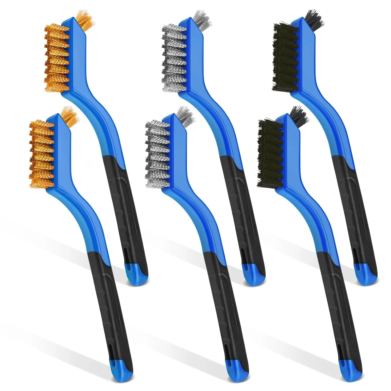 6PCS Set of Wire Brushes Stainless Steel Brass Nylon Wire Brushes with Curved Handle Grip for Rust Removal Dirt Paint Scrubbing