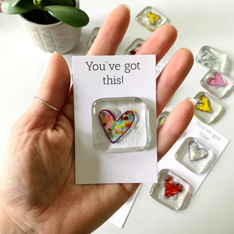 Pocket Token Glass Heart Card Keepsake Gift -Heart Keepsake Pocket Cards-Fused Glass Heart Pocket Token Blue Durable