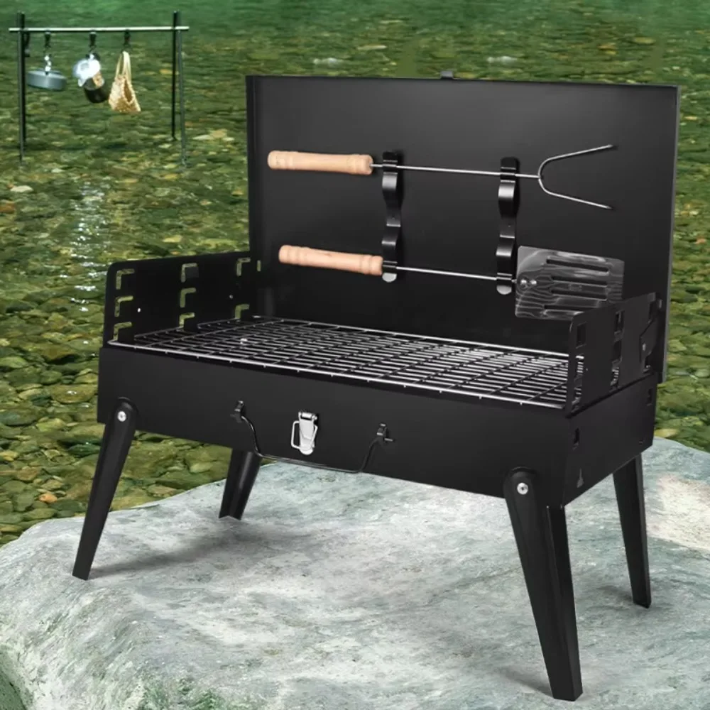 

Складной портативный угольный гриль с ручкой, компактный, для улицы, утолщенная металлическая прямоугольная решетка для барбекю