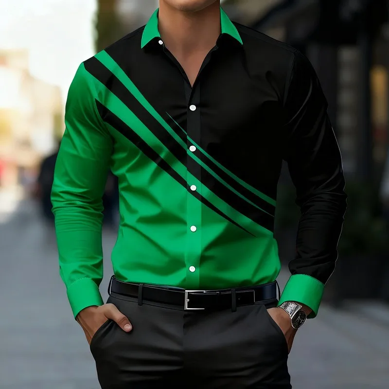 

Men's Color Block Striped Long Sleeve Button Up Shirt Green Black Contrast Casual Dress Shirt