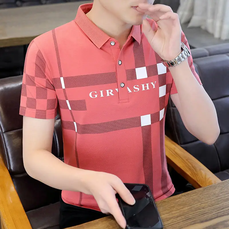 Summer New Men\'s Short Sleeve Striped Print Polo Neck Shirts Letter All-match Trend Youth Tops Fashion Smart Casual Men Clothing