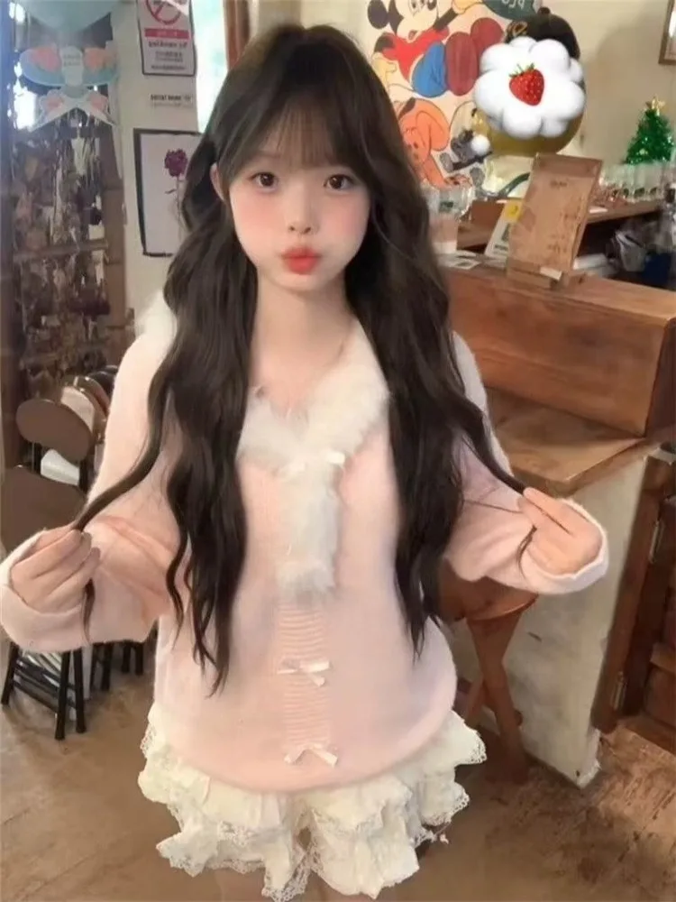 Japanse Zoete Sfeer Jas Vrouwen Zachte Zachte Esthetische Teddy Kraag Gebreid Nep Vest Chic Casual Bovenkleding Herfst 2025 Nieuwe