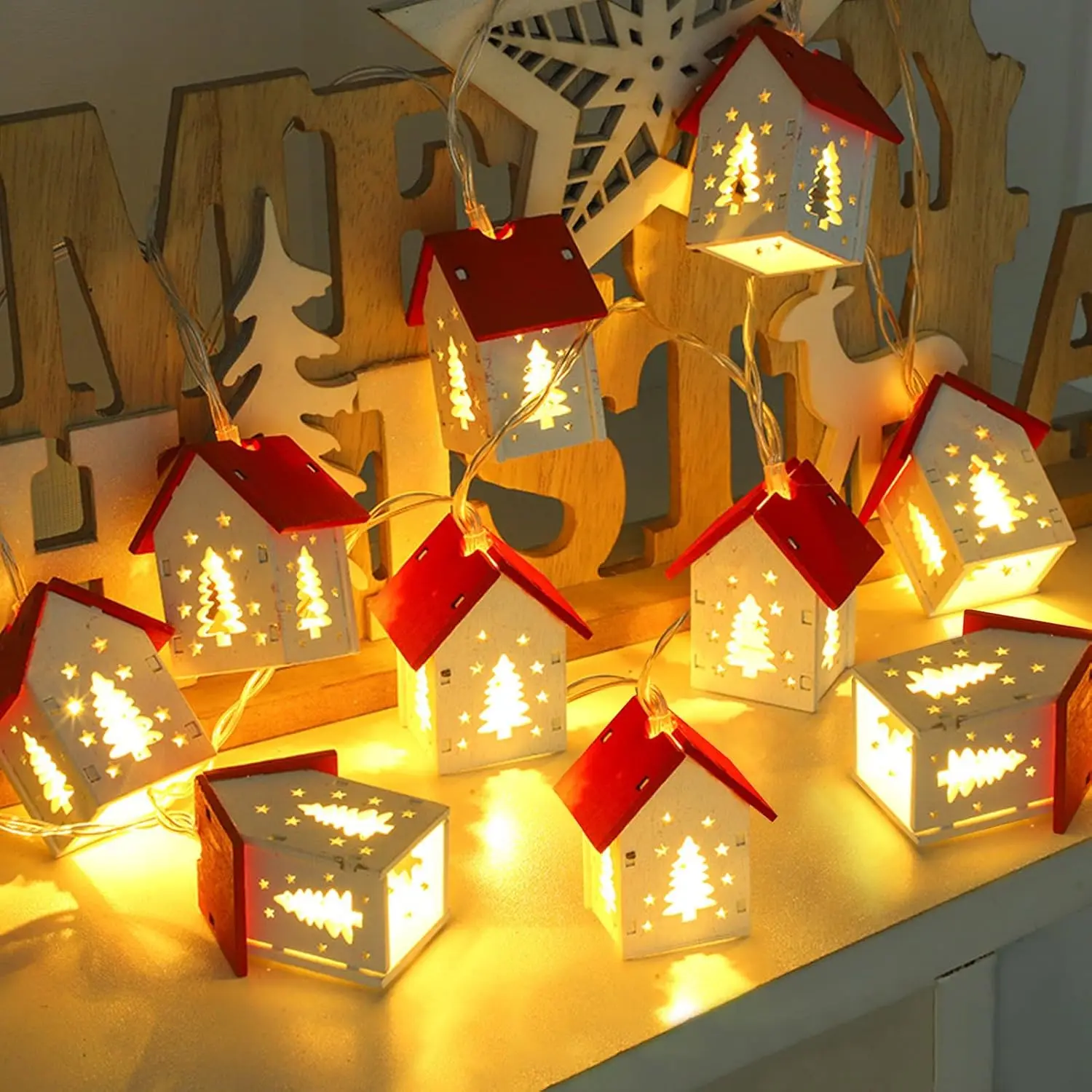 1-10PCS 1,5 M Weihnachten Holz Haus LED Lichterketten Elch Herz Sternförmige Dekorative Lichter für Weihnachten baum Urlaub Party
