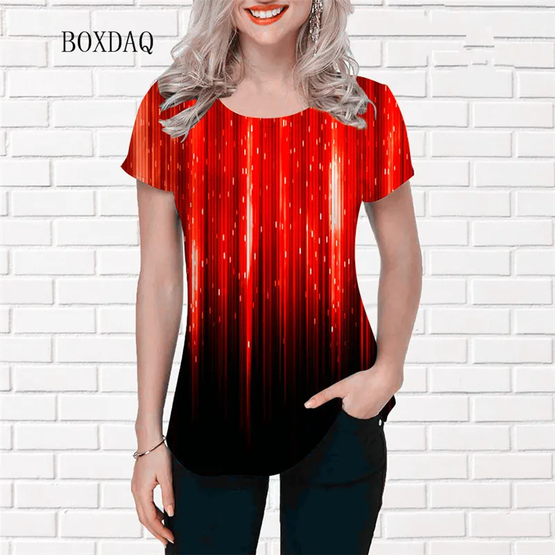 Tie-dye Gradient Women Fashion Red T-shirts Short Sleeve Round-Neck Street 3D Printed Ladies Tees Female Loose Oversized Tops