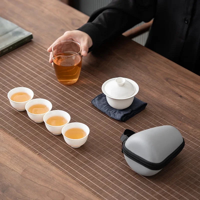 White Jade Fat White Porcelain Gaiwan Travel Tea Set Ceramic One Pot Four Cups Portable Kung Fu Tea Set Dehua White Porcelain