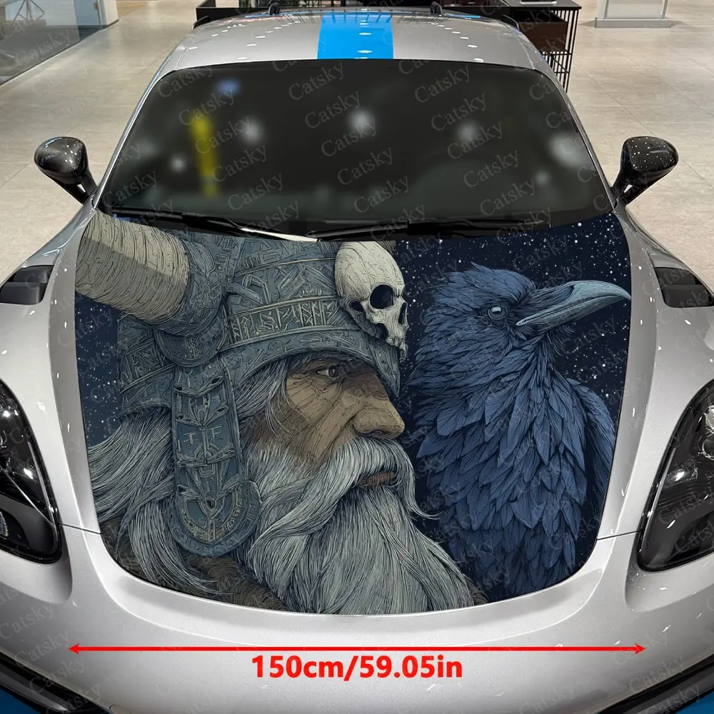 Viking Elder And Raven Car Hood Decal, Durable PVC Vinyl Wrap For Most Vehicles, Engine Cover Protective Film, Realistic Design
