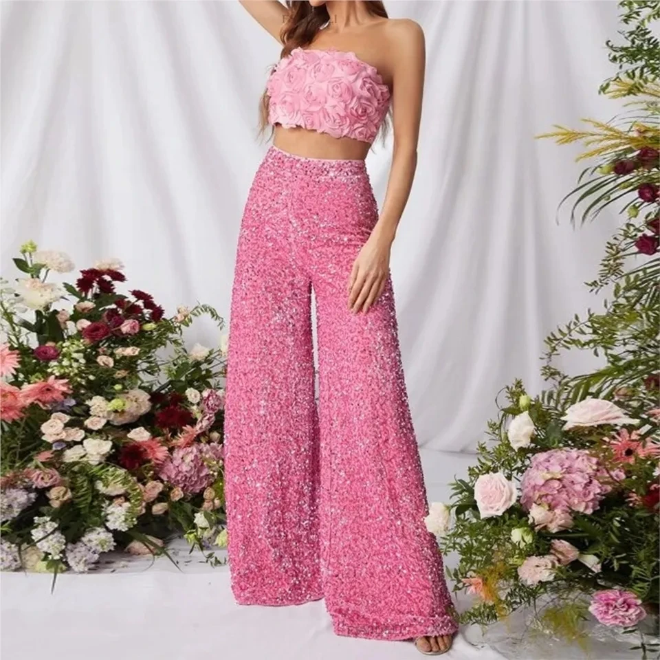 

Fashion Sequined Mid-waist Trousers Women's Spring And Summer New Style Slim And Elegant Ladies Party Wide Leg Trousers 2025