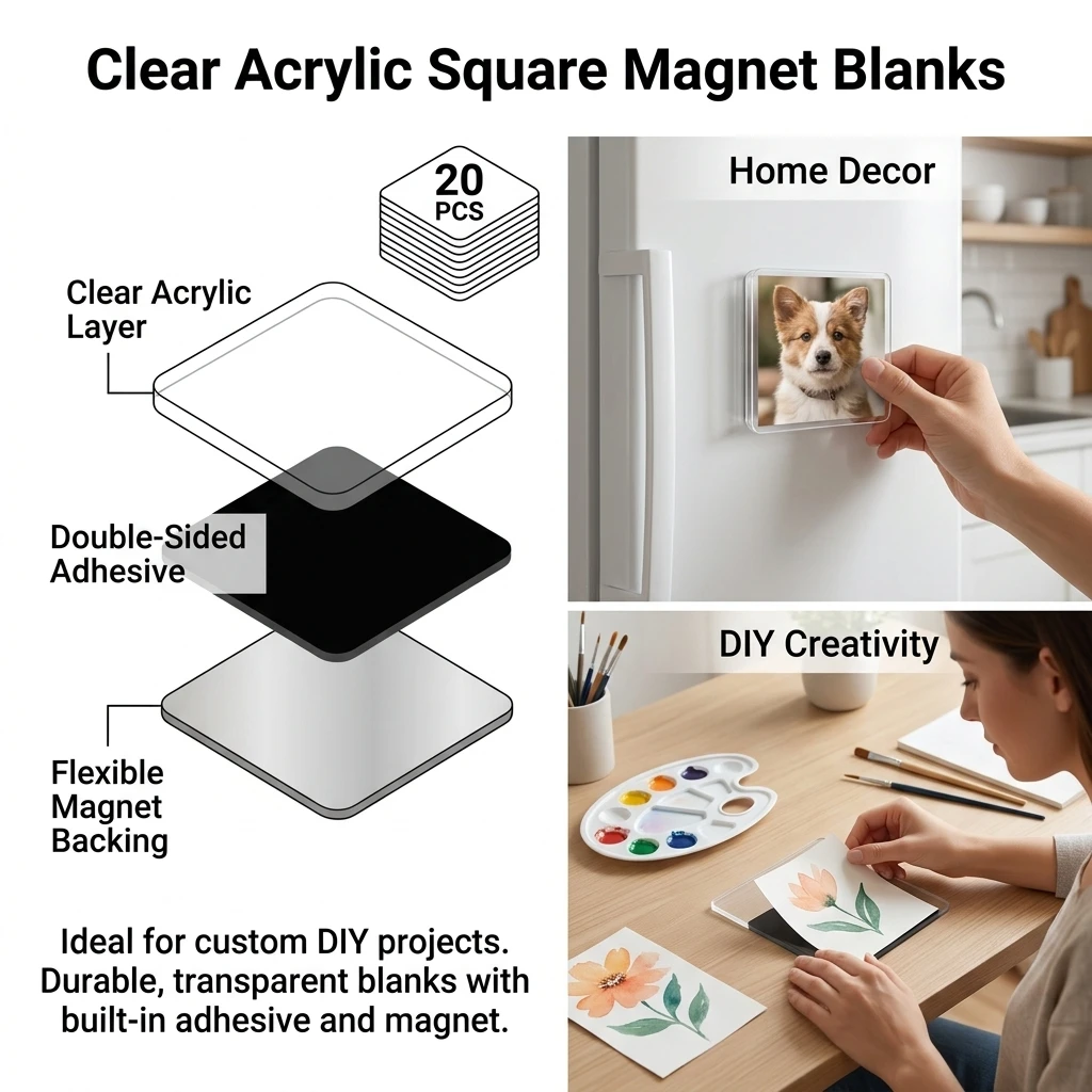 Strong Magnetic Fridge Magnets Clear Acrylic for Home Office Decor 20 Pack DIY Photo Stickers Adhesive Backing Durable