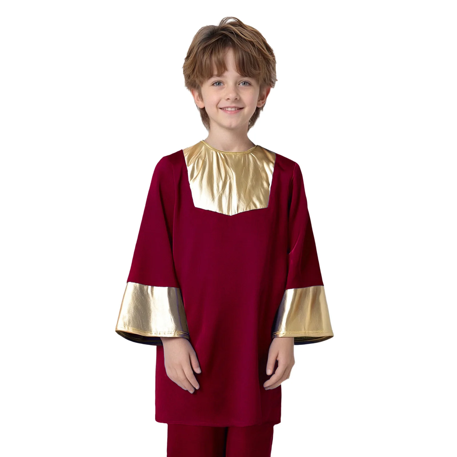 

Kids Boys Girls Worship Praise Dance Tunic Top Round Neck Long Sleeve Metallic Color Block Patchwork Robe Church Choir Costume