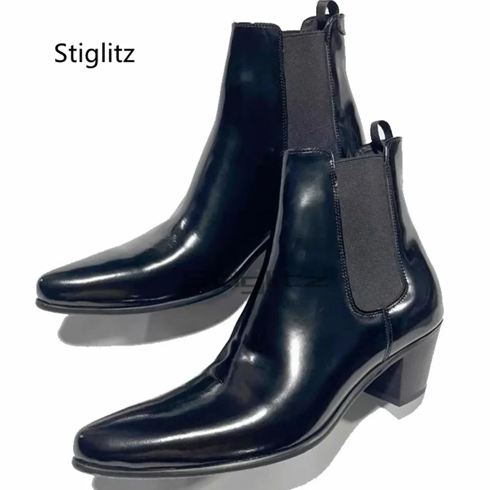 

Black Patent Leather High Heels Chelsea Boots for Men Genuine British Pointed Toe Slip On Elastic Ankle Boots Handmade Shoes