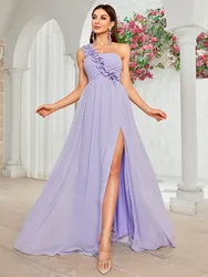 Mgiacy One shoulder three-dimensional floral chest pleated chiffon back asymmetrical binding slit A full skirt Evening gown