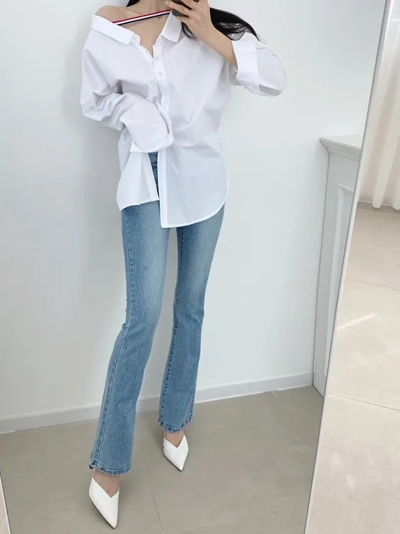 시크한 초가을 루즈핏 긴팔 셔츠 여성용 더블 칼라 컬러 블록 스트라이프 디자인 앞뒤 단추