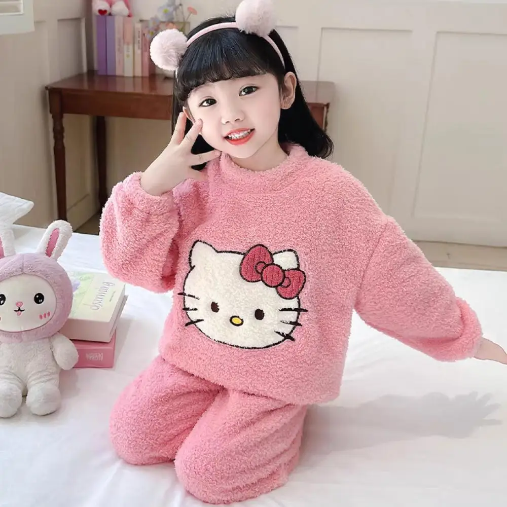 

Kuromi Cartoon Children Girls Autumn Winter Pajamas Kawaii Hellokitty Sanrio Anime Cute Comfort Keep Warm Trendy Home Wear Set