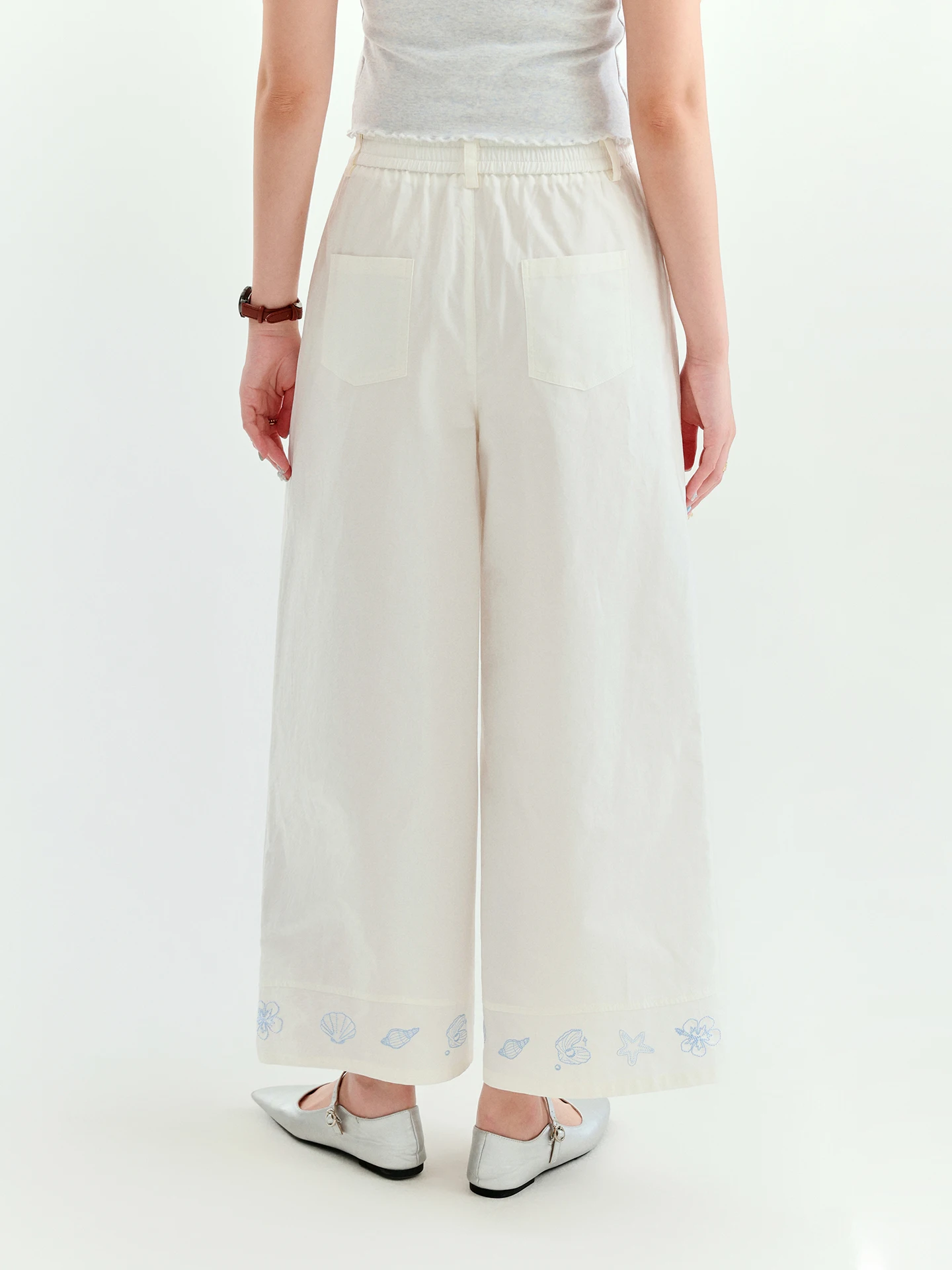 North Island AMUU Original  Embroidery Cotton Linen Casual Pants Women Summer New Korean Style Wide Leg Nine Points