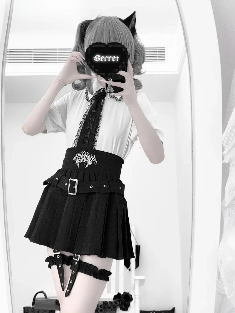 オリジナルハイウエストサブカルチャー和風レッグリング刺繍入りショートスカート甘くて万能な黒プリーツミニスカート