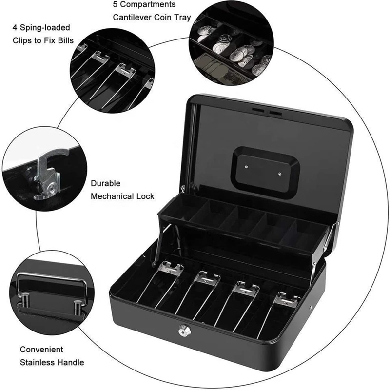 Daily Cash Box Metal Cash Box With Tray And Key Lock, Tiered Locking Cash Box, Durable Lock Safe With 4 Bills, 5 Coin Slots