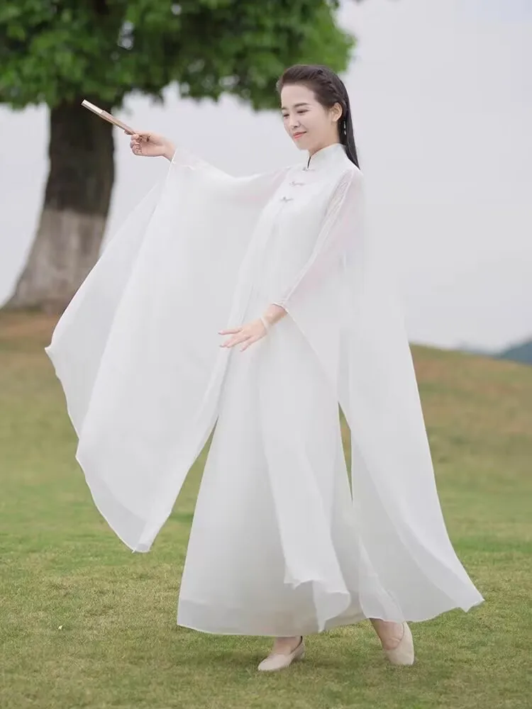 Retro Artistic Tea Costume Women's Autumn Fairy Zen Dance Dress White Yoga Tai Chi Dress Two-Piece Set Short Sleeve Casual Sp...