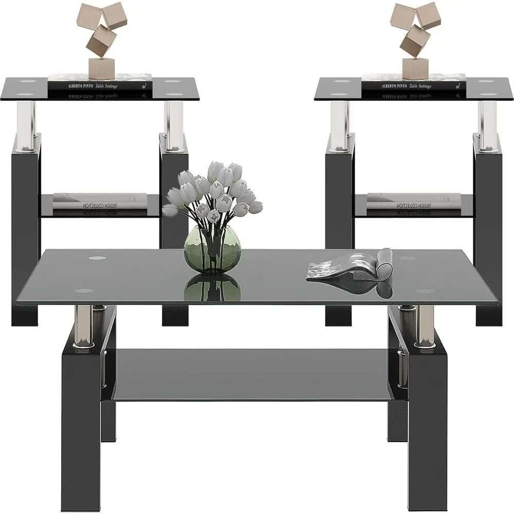 

3-Piece Black Glass Coffee and End Table Set with Metal Legs and Tempered Glass for Living Room