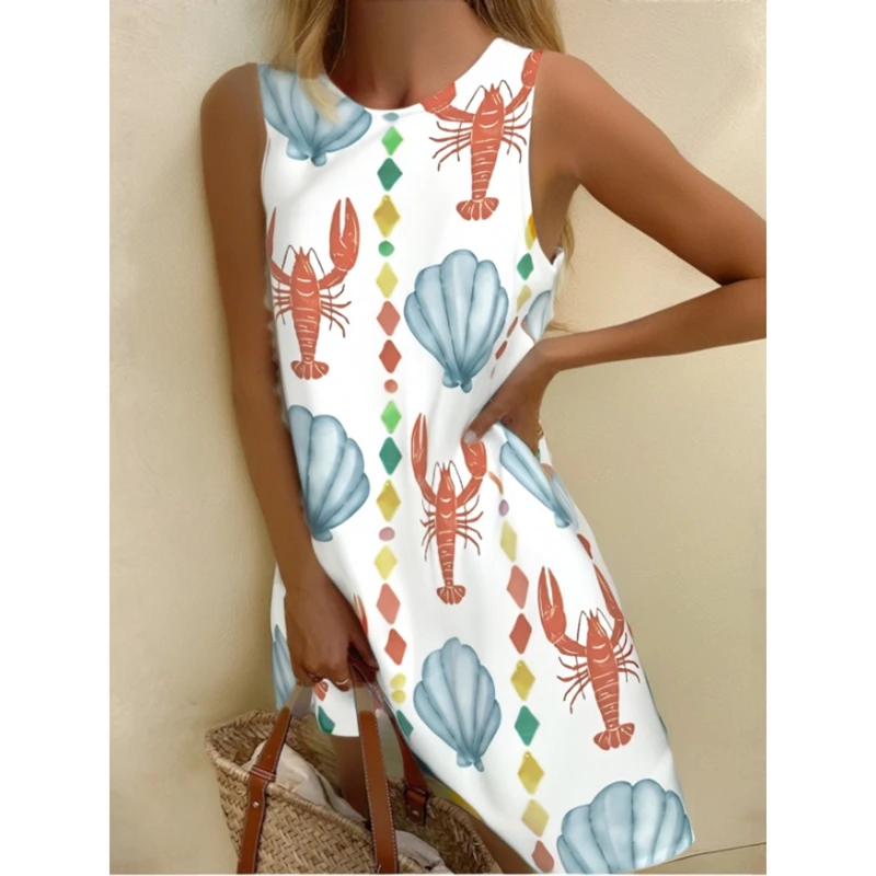 Robe de plage style Boho, Y2K, coquille esthétique, imprimé crabe, col rond, sans manches, coupe ample, courte, ligne a, débardeur, été 2025