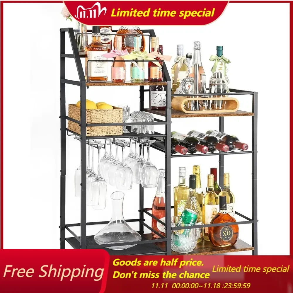 Wine Rack Freestanding Floor, Bar Stand for Home, Bar Cart with Wine Holder and Wine Glass Rack, Liquor Bottle Display