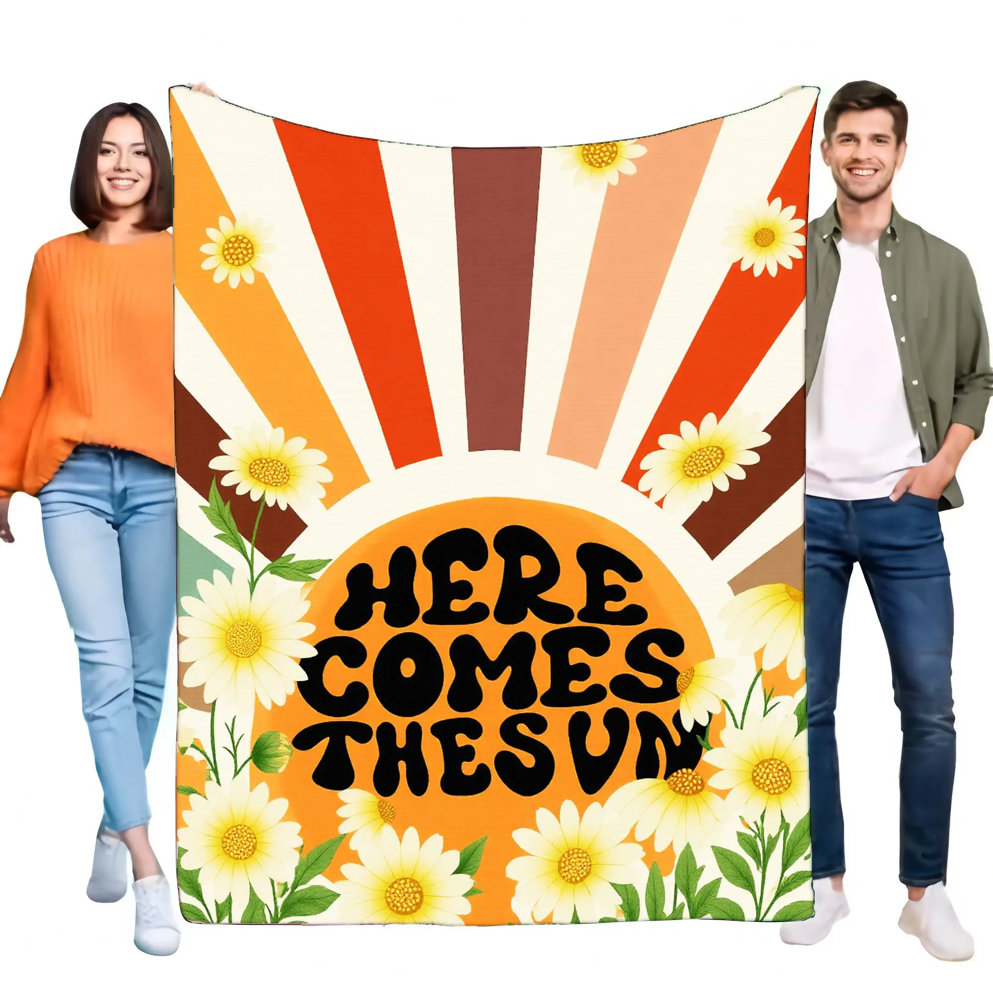 Here Comes The Sun Blanket Cozy Soft Throw for Bed Sofa, Vintage Floral Design with Bright Colors, Perfect Home Decor for All Se