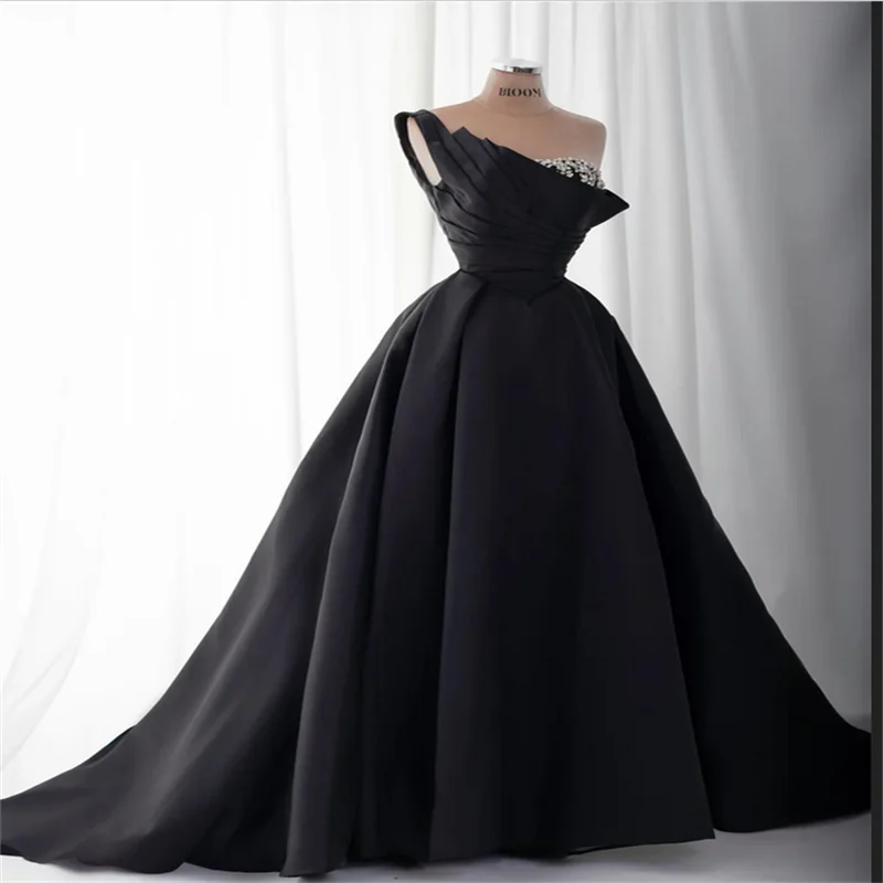 Preto cetim frisado robes de soirée um ombro a linha vestidos de baile personalizado mangas compridas até o chão elegante vestido de casamento