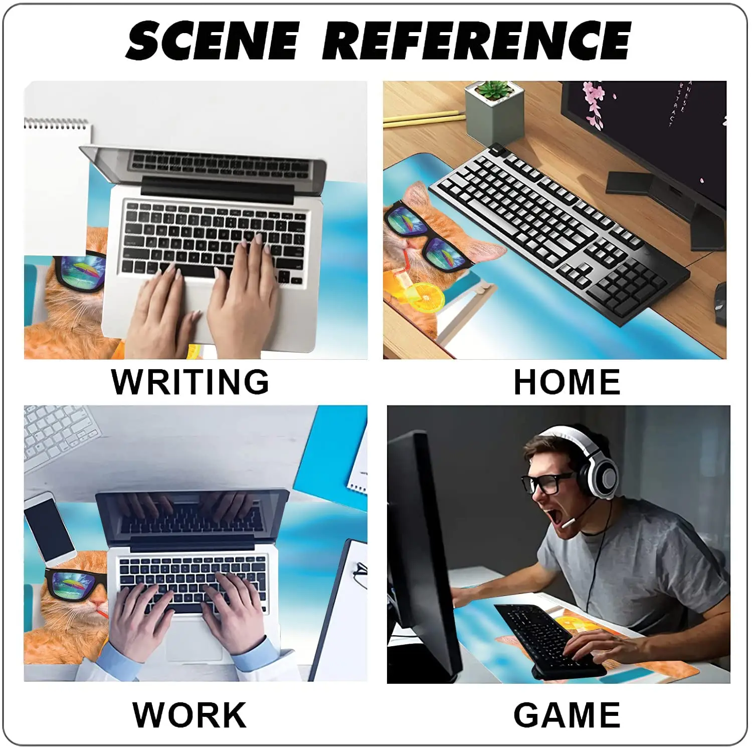 Large Gaming Mousepad Cute Cat on Beach Chair Keyboard Mouse Mat Desk Pad with Non Slip Rubber Base Stitched Edges Office Decor