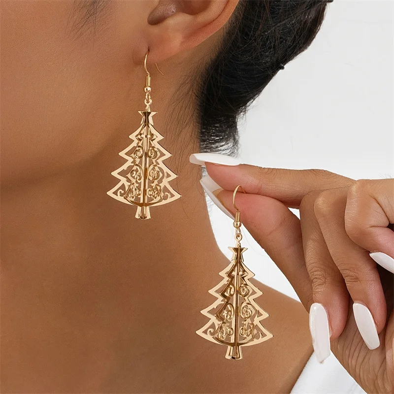 Exquisite Weihnachtsbaum Anhänger Ohrringe für Frauen Gold Farbe Hohl Schneeflocke Ohrring Neujahr Party Festival Schmuck Geschenk