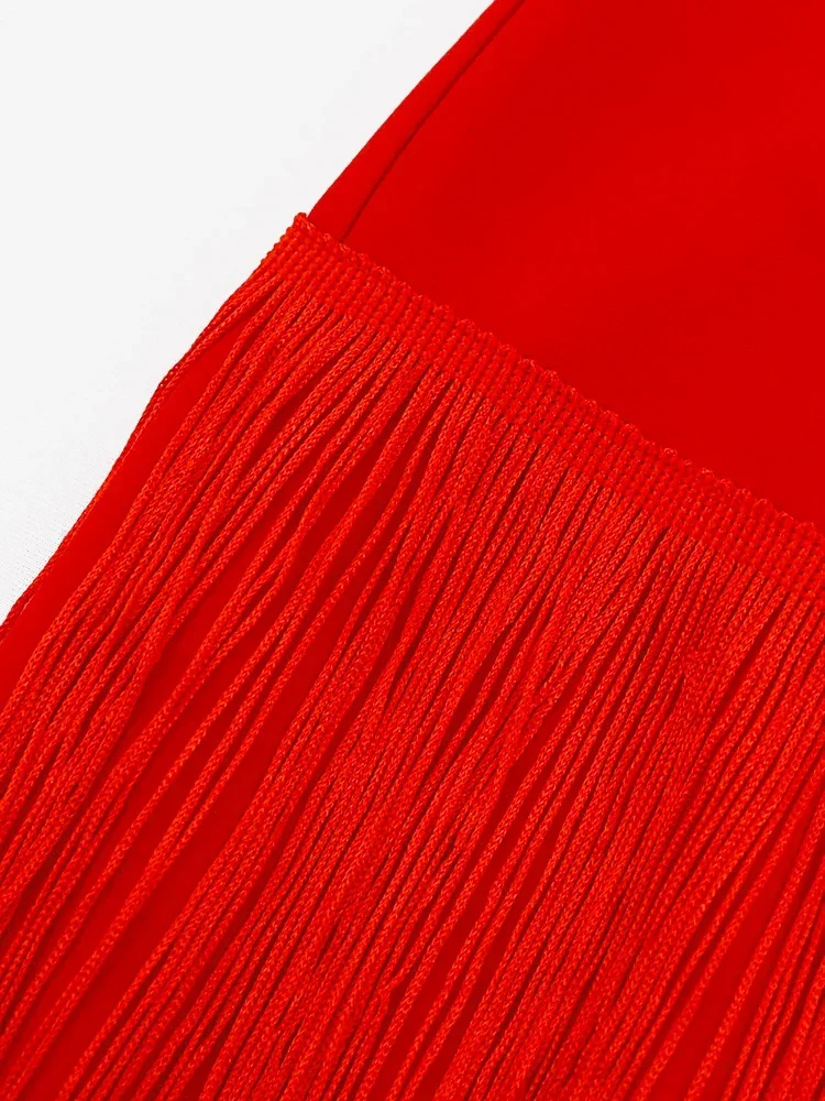 Large Size Red Tassel Dress Women V Neck Sleeveless High Waist Fringe Cocktail Evening Birthday Party Gowns Outfits Summer 2024