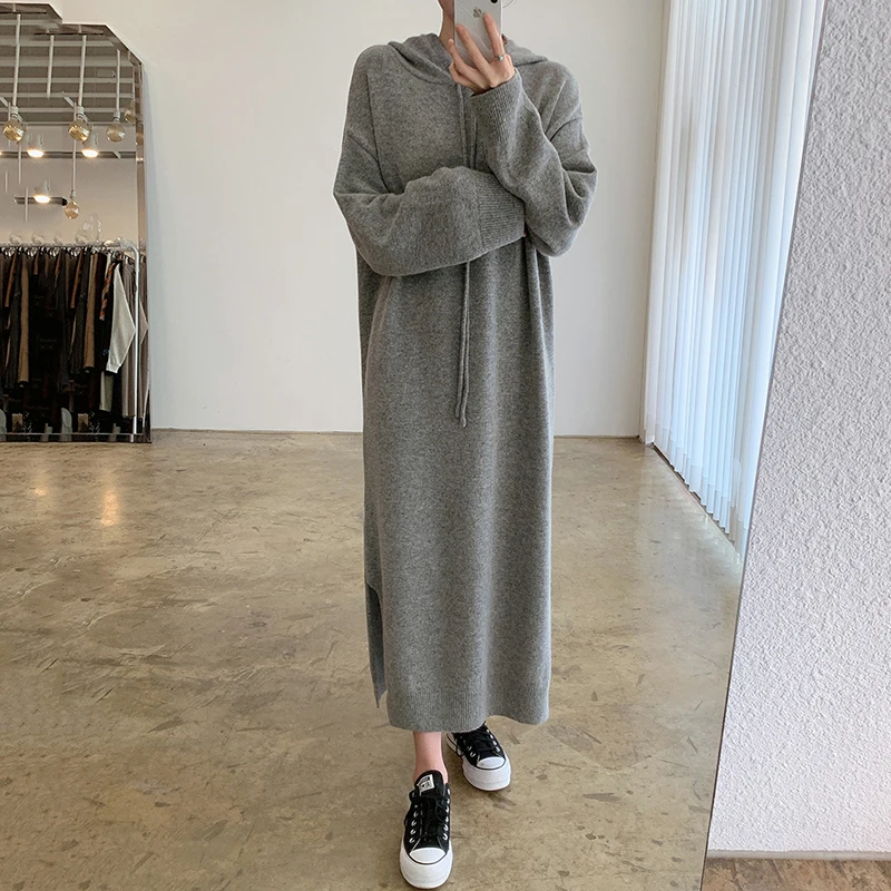 Autumn and Winter Loose Knee Length Sweater Dress Casual Split Hooded Women's Woollen Dress Casual Split Hooded Knitted Dress