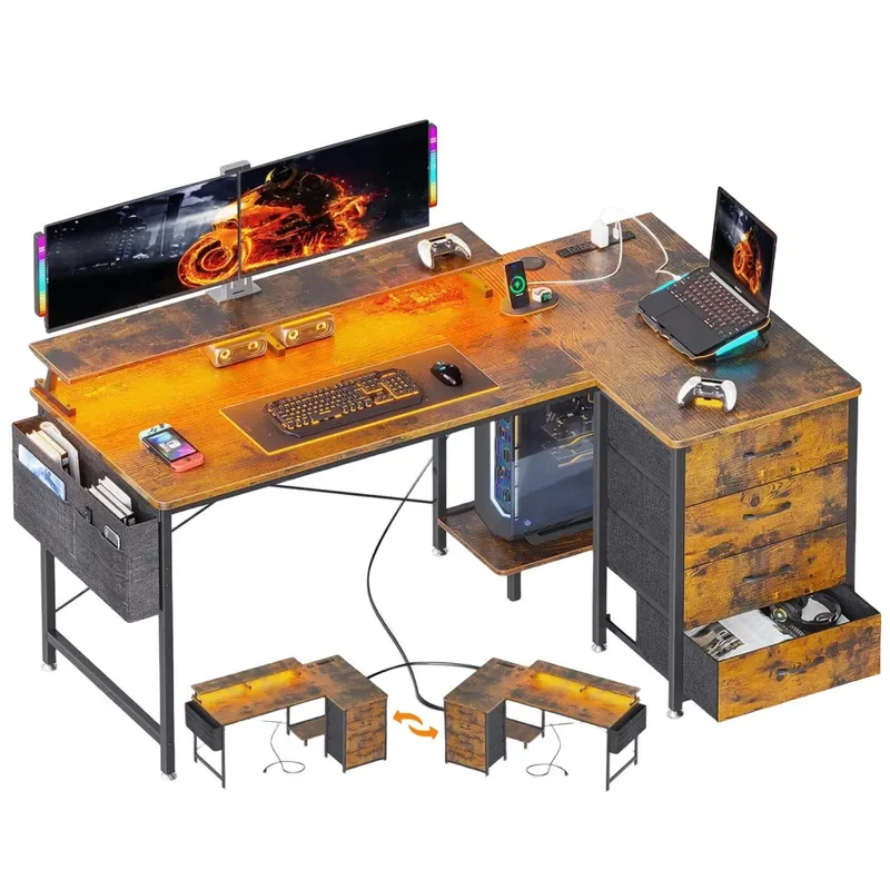 55 Inch L Shaped Computer Desk Flipable Gaming Table with 4 Layer Non Woven Drawers LED Lights and USB Sockets