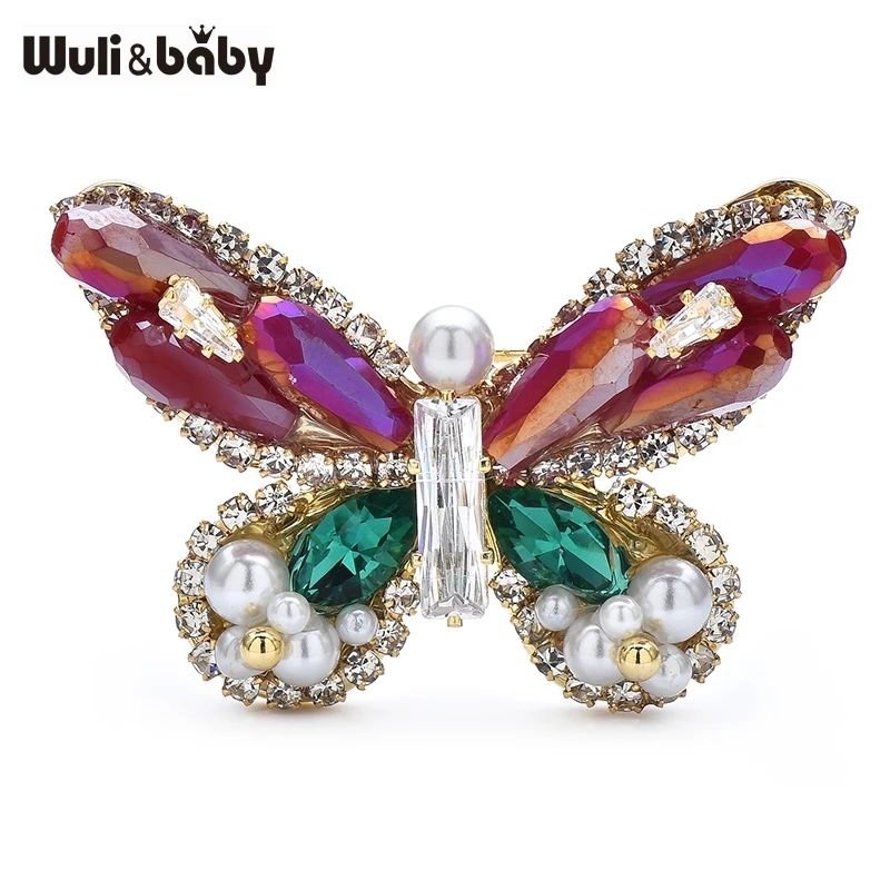 Wuli&baby Pearl 3 Colors Handmade Czech Rhinestone Butterfly Brooch Pin Quality Jewelry Accessory For Collection