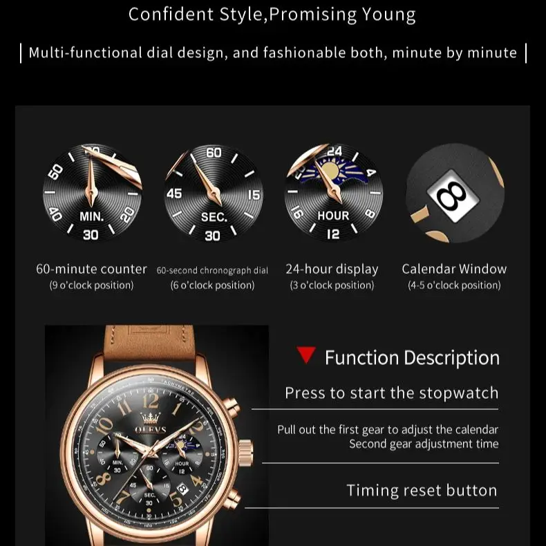 OLEVS 2912 Men\'s Watches Brown Leather Strap Multifunctional Chronograph Moon phase Waterproof Fashion Leisure Watch for Men NEW