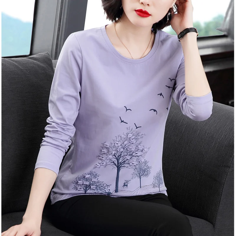 Spring and Autumn Women\'s Style Crew Neck Long Sleeve Loose Plus Size Pullovers Printed Embroidery Fashion Casual Tops